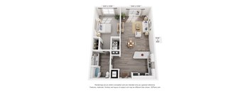 A 3D floor plan of a small apartment with a kitchen, living room, and bathroom.