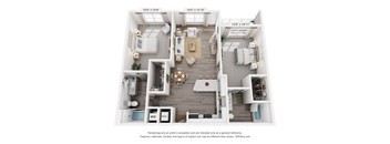 A 3D floor plan of a house with a living room, dining room, kitchen, and bathrooms.