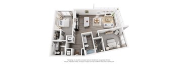 A 3D floor plan of a house with labeled rooms.