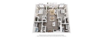 A 3D floor plan of a two-bedroom apartment with a living room, kitchen, and bathroom.