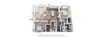 A 3D floor plan of a house with a living room, kitchen, and two bedrooms.
