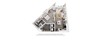 A 3D floor plan of a small apartment with a kitchen, living room, and bathroom.