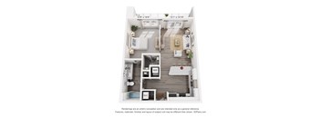 A 3D floor plan of a small apartment with a kitchen, living room, and bedroom.