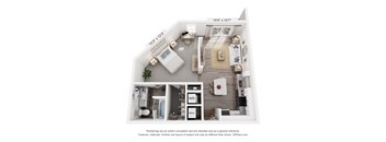 A 3D floor plan of a house with a living room, kitchen, and two bedrooms.