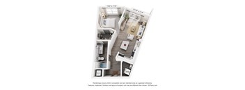 A 3D floor plan of a small apartment with a kitchen, living room, and bathroom.