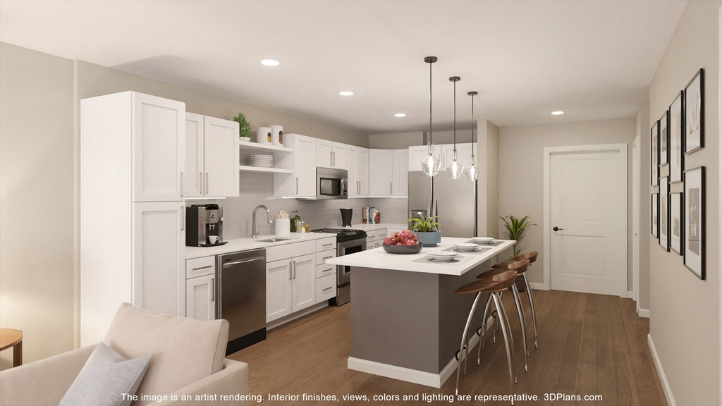 a rendering of a kitchen and dining room in an apartment