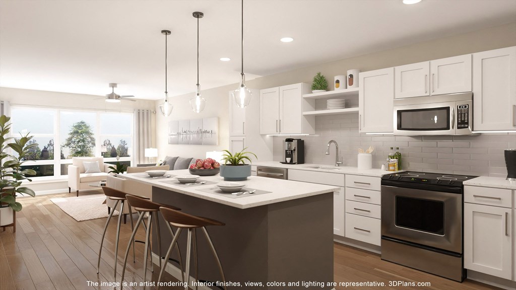 a rendering of a kitchen and living room with white cabinets and stainless steel appliances