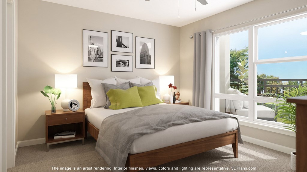 an image of a bedroom with a bed and some windows