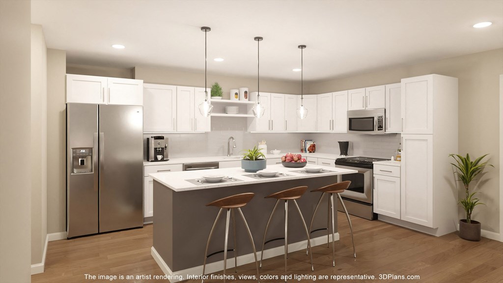 a rendering of a kitchen with white cabinets and stainless steel appliances