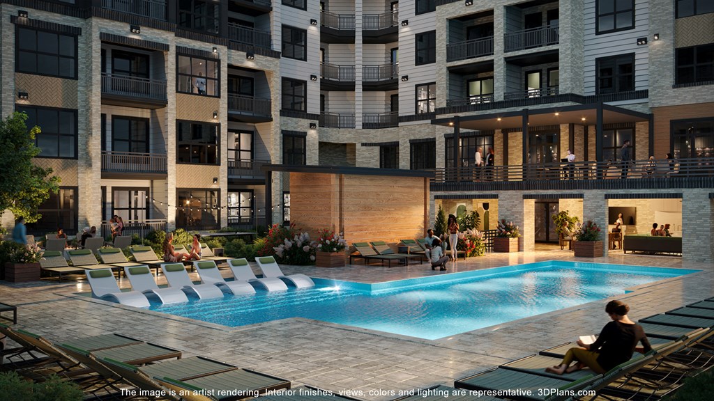 a rendering of an apartment complex with a pool and lounge chairs