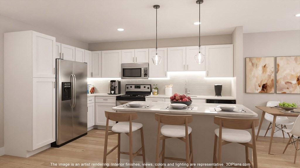 a rendering of a kitchen with a center island and stainless steel refrigerator