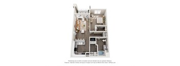 A 3D floor plan of a house with a kitchen, living room, and bedrooms.