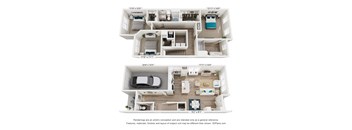 A floor plan of a two-bedroom apartment with dimensions and a note that renderings are conceptual.