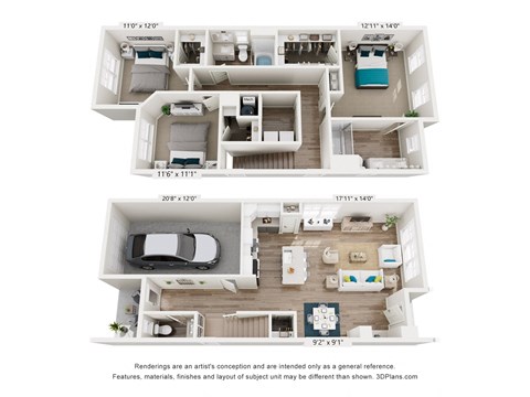 A floor plan of a two-bedroom apartment with dimensions and a note that renderings are conceptual.