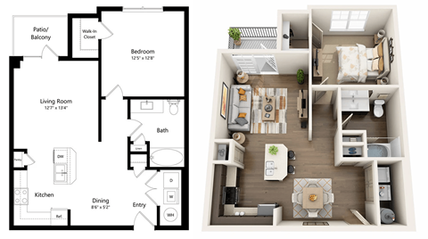 A floor plan and 3d rendering of a small apartment.