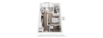 A floor plan of a small apartment with a kitchen, living room, and bathroom.