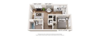 A 13x11 room with a bed, a couch, a table, and a kitchenette.