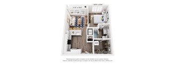 A floor plan of a small apartment with a kitchen, living room, and bathroom.