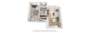 A 3D floor plan of a small apartment with a kitchen, living room, and bathroom.