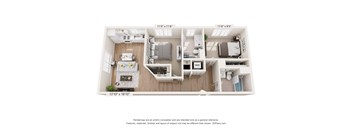 A 3D floor plan of a small apartment with a kitchen, living room, and bedroom.