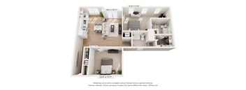 A 3D floor plan of a small apartment with a kitchen, living room, and bedroom.