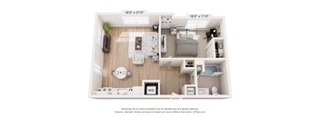 A 3D floor plan of a small apartment with a kitchen, living room, and bathroom.