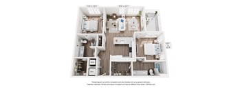 A 3D floor plan of a small apartment with a kitchen, living room, and bathroom.