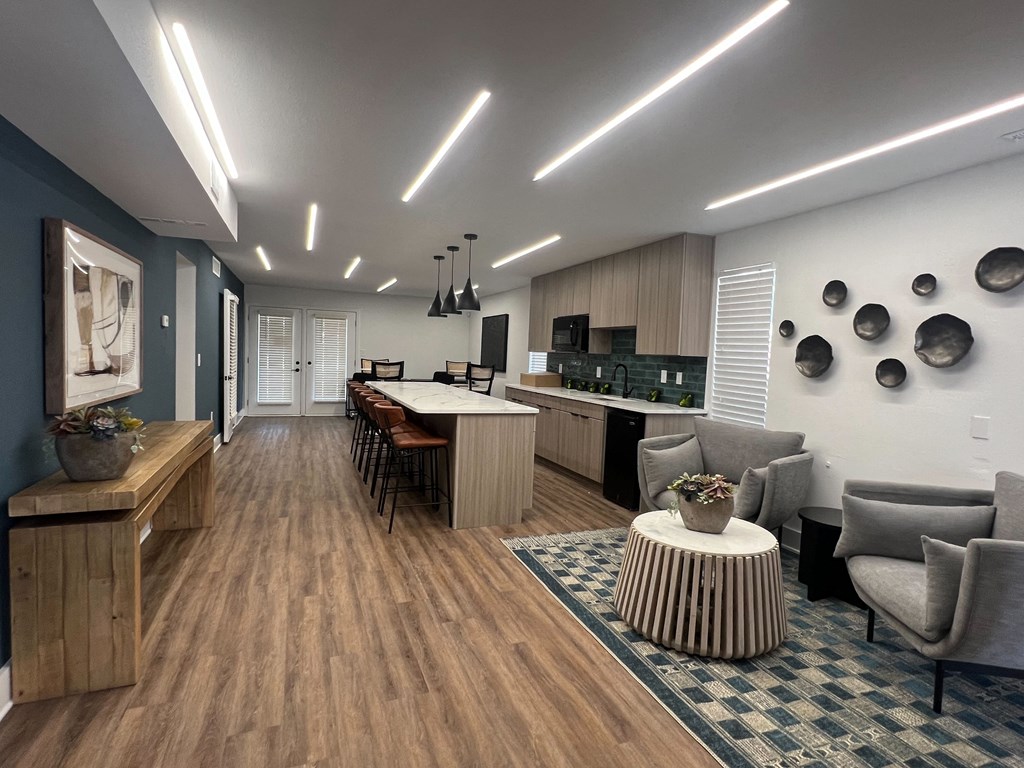 a rendering of a living room and kitchen in an apartment