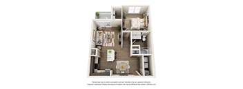 A 3D floor plan of a small apartment with a kitchen, living room, and bedroom.