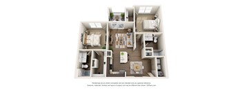 A 3D floor plan of a house with a kitchen, living room, and two bedrooms.