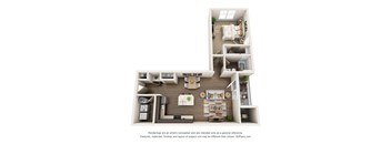 A 3D floor plan of a small apartment with a kitchen, living room, and bedroom.