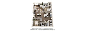 A 3D floor plan of a small apartment with a kitchen, living room, and bedroom.
