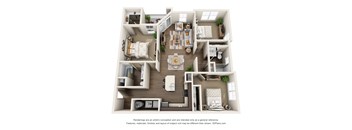 A 3D floor plan of a house with a kitchen, living room, and two bedrooms.
