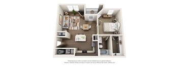 A 3D floor plan of a small apartment with a living room, kitchen, and bedroom.