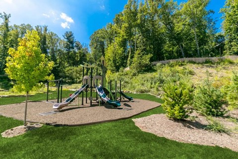 A playground with a green and blue slide in the middle of a grassy area.
