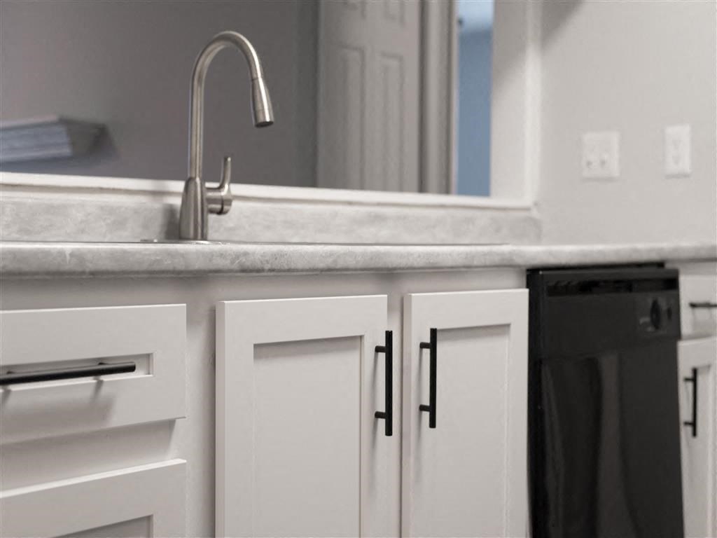 a kitchen with white cabinets and a sink