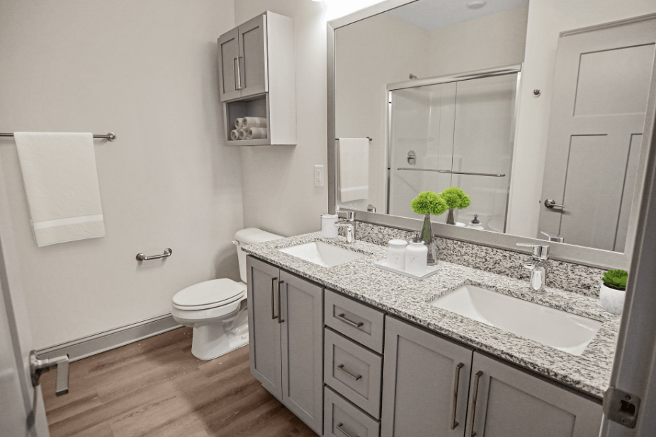 a bathroom with two sinks and a toilet and a mirror