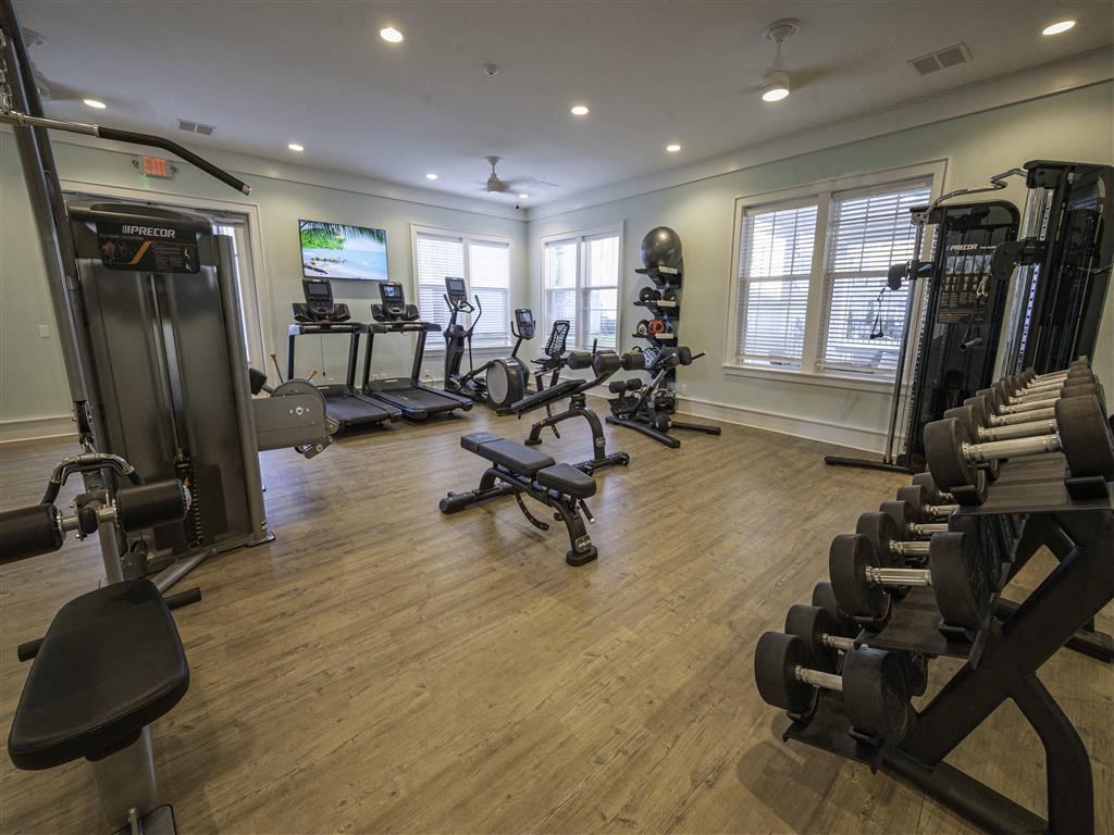 the gym is equipped with a variety of weights and cardio equipment