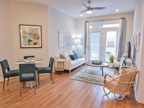 a living room with a couch and a table