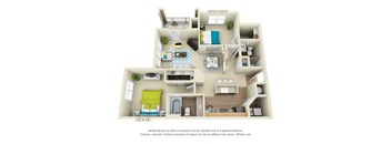 A 3D floor plan of a house with a living room, kitchen, and two bedrooms.