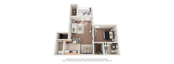 a stylized floor plan with a bedroom and a living room