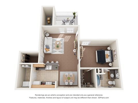 a stylized floor plan with a bedroom and a living room