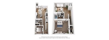 Two images of a bedroom with a desk and a couch.