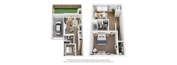 A floor plan of a two-bedroom apartment with a living room, kitchen, and bathroom.