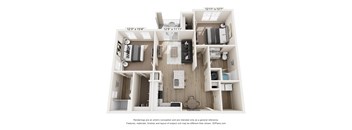 A 3D floor plan of a small apartment with a kitchen, living room, and bathroom.