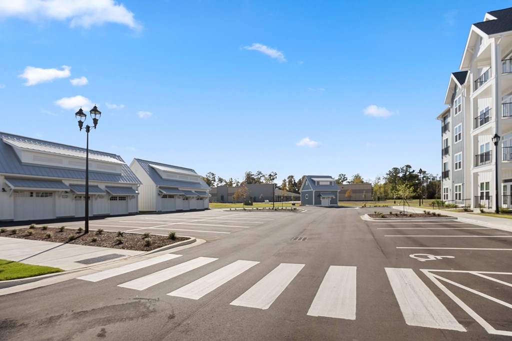 A street view of the exterior building with a crosswalk.