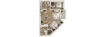 A floor plan of a house with a living room, two bedrooms, a kitchen, and a bathroom.