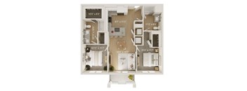 A floor plan of a small apartment with a living room, kitchen, and two bedrooms.