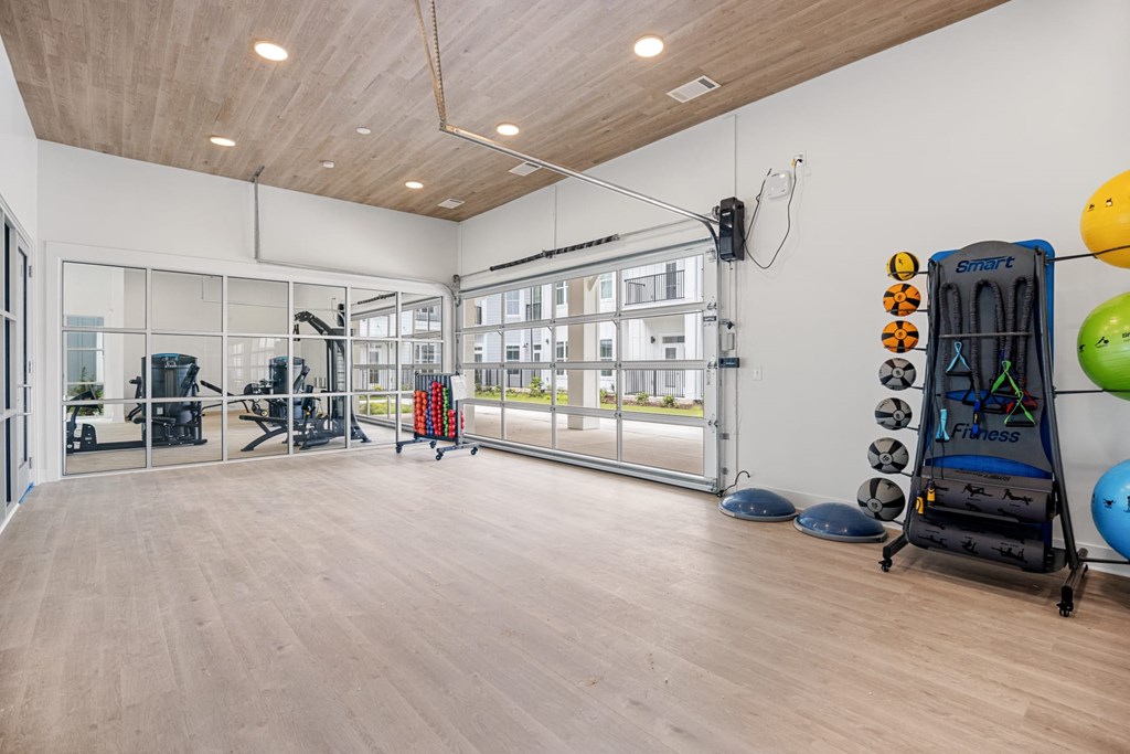 A Large Gym with a Variety of Equipment Including a Treadmill, Weights, and a Balance Ball.