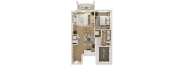 A floor plan of a small apartment with a kitchen, living room, and bathroom.